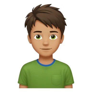 A 14 yerar old teenage boy, tanned, wearing a green t-shirt , blue jeans and green sneakers with dark brown tousled hair, smirking sticker