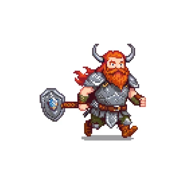 pixel art ginger viking with red beard and armor, running animation frame 1, legs wide apart sticker