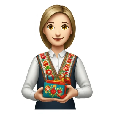 A female teacher in Ukrainian embroidery holds a gift in her hand sticker