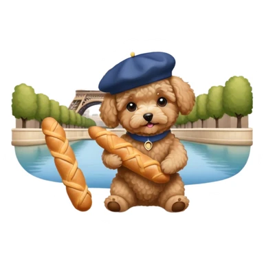 Tan maltipoo wearing a beret in Paris holding a baguette by the Eiffel Tower  sticker