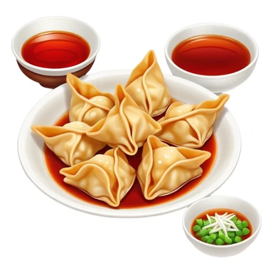 Chengdu Long Chaoshou wonton with red oil sauce on top, simplified emoji style with bold outlines and bright colors, cartoon style Sichuan style wontons sticker