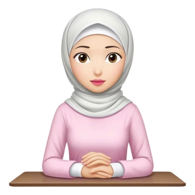 A white Asian woman, white hijab women are listening with her hands folded on the table. her lips is pink. her outfit & hijab color is white sticker