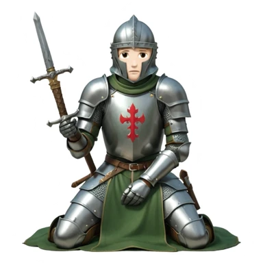 A lone medieval knight in a green worn armor kneels. His helmet is closed, hiding his face, conveying silence, exhaustion and contemplation. A long sword is planted in the ground beside him, its hilt resting near his gloved hands as if he is praying or resting after battle. sticker