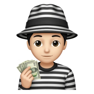 Thief with black and white striped hat, and shirt with money back over shoulder sticker