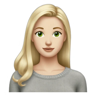 medium blonde girl with page cut, green eyes, long face, pale skin, silver earrings wearing a grey sweater sticker