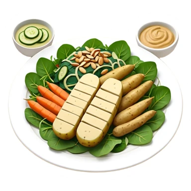 Potatoes stuffed with a filling of cashews, tofu, chives and almonds baked with a cheesy peanut-spinach sauce and smoked tempeh + a salad of fennel-marinated zucchini and carrots served with pickled cucumber and arugula.  sticker