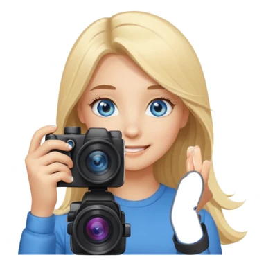 blue eyes blonde girl photographer cartoon taking picture in middle of taking picture camera in front of face long hair smiling funny flash professiona sticker
