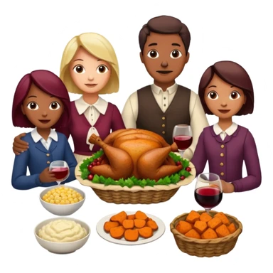 Thanksgiving Dinner with 10 people of different skin color around the table; have the food be a cooked turkey, mashed potatoes, corn, a basket of biscuits, a small bowl of cranberry sauce, baked yams, steamed vegetables, and a bottle of wine. sticker