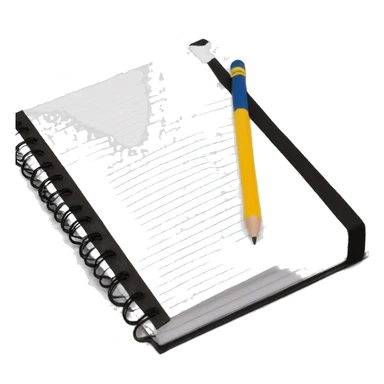 a black & white composition notebook with a pencil next to it sticker