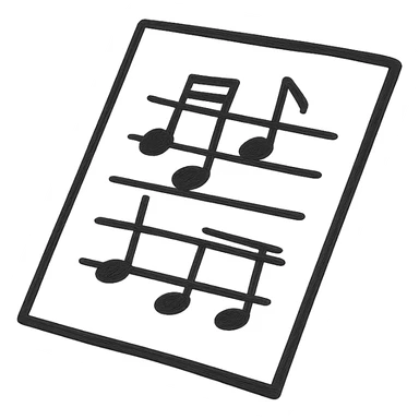 Silhouette of sheet music icon, hand drawn, black outlines, no fill, simple and clean, angled view sticker