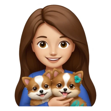 Create a high-quality emoji illustration of a woman with long brown hair, smiling, holding a small Pomeranian dog. The dog’s face is mostly black with a white line centered from the nose to the mouth. Minimalist emoji style, smooth lines, bright but natural colors.” sticker