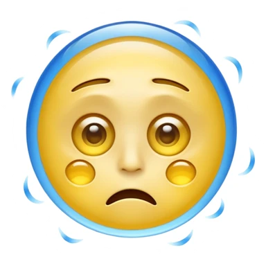 typical yellow emoji face with eyes reflecting digital overload, glassy and glossy with blue light reflections, floating windows or icons in the eyes, expression showing mental exhaustion, confusion, or trance-like state from too much virtual content sticker