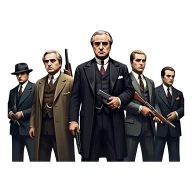 A vintage movie poster-style design featuring Don Vito Corleone surrounded by gangsters with Tommy guns. Include a dark, moody noir atmosphere with skyscrapers of New York in the background. The scene should be tense and mysterious, with a retro cinematic feel. Transparent background. sticker