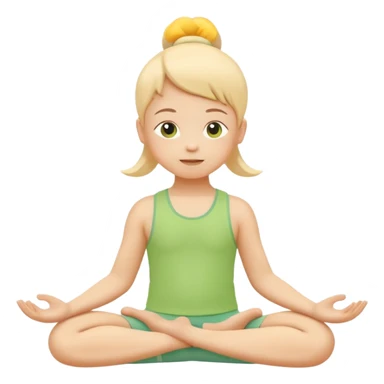 Flat illustration emoji of a small child practicing yoga, simple pose, calm and happy expression, soft pastel colors (yellow, green, soft orange), rounded shapes, minimal details, child-friendly, gentle and warm style, vector illustration, no background, cohesive style with kindergarten branding sticker