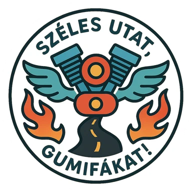 circular design for motorcycle cap, text 'Széles utat, gumifákat!', motorcycle motifs including motor, road, wings, flames, well-wishing style sticker