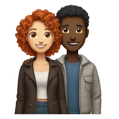 Create an emoji of a couple: a woman with curly red hair and brown eyes, and a man with short straight black hair and dark brown skin. Both should be smiling warmly and standing close together, embracing each other affectionately sticker
