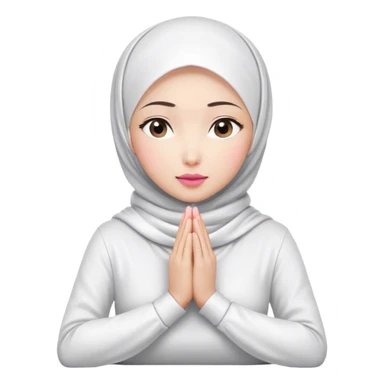 A white Asian woman, white hijab women are listening with her hands folded on the table. her lips is pink. her outfit & hijab color is white. Her fingers are 10. sticker