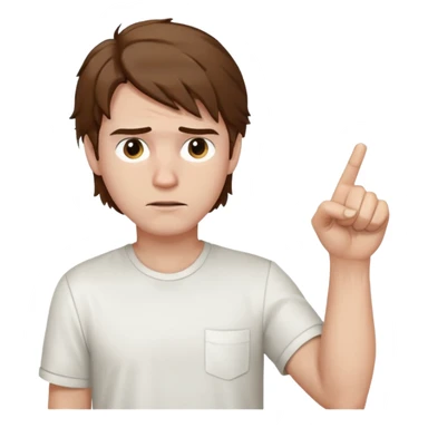 Weak man with disheveled hair pointing to his right sticker