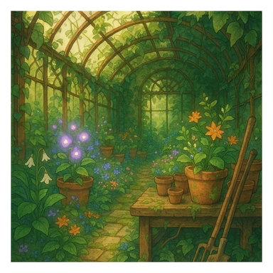 Overgrown greenhouse with forgotten tools and blooming magic herbs. sticker