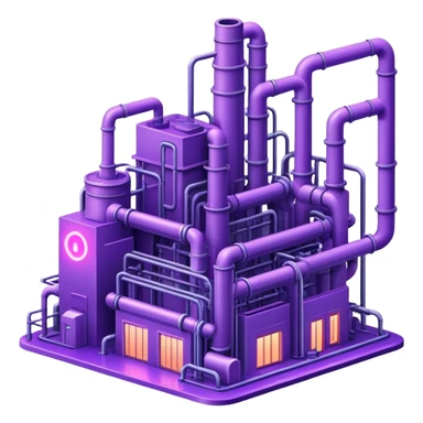 AI-powered factory. It should be a building with pipes. Add violet neon glowing symbolizing power of AI sticker