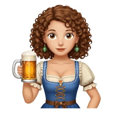 A white woman with brown, shoulder-length curly hair and brown eyes she is wearing a dirndl and holding a beer stein sticker