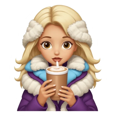 Tanned Girl with lashes , blonde hair, in an extremely big fluffy oversized coat and hold hot chocolate drink and big eyes like dog, big lip sticker