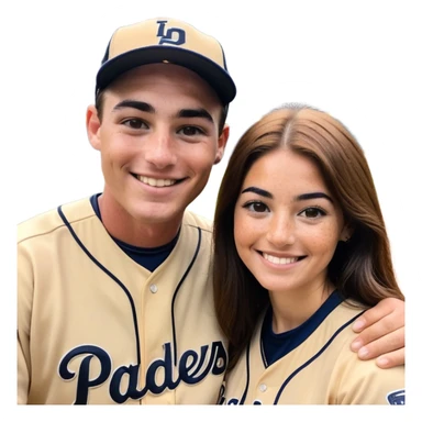 *White* couple smiling. Woman has big cheeks and a lot of freckles on the nose. long brown hair. Man has black and very short hair and prominent eyebrows with egipcian nose. Both are wearing “Los Padres” baseball jerseys and with a sign that says “Go Padres!” sticker