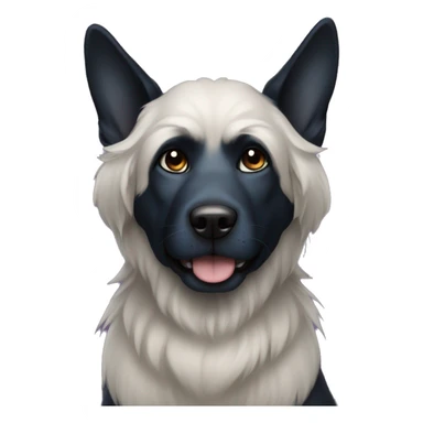 Black dog sith fluffly ears with a blue collor sticker