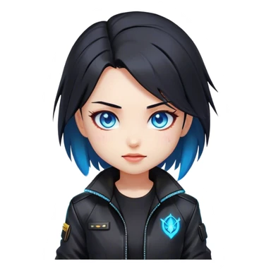 Black hair cyberpunk 2077 chibi girl with blazing blue eyes and black jacket. All emotion reaction happy sticker