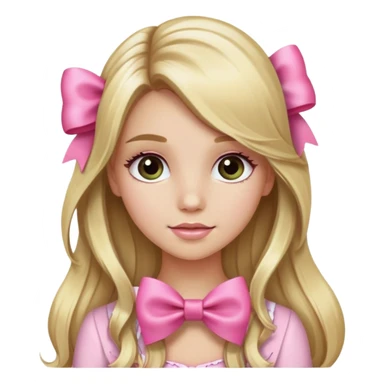 Pretty blonde bombshell girl with long hair and highlights. She has long eyelashes and a pink bow in her hair. She is holding a grea sticker