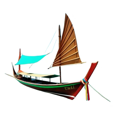 ​Cinematic Realistic Authentic Thai Longtail Boat, depicted as a traditional wooden longtail boat with a sleek, elongated hull and a brightly painted canopy, its long tail fin cutting gracefully through turquoise waters under a clear tropical sky, rendered with vibrant textures and dynamic natural lighting that captures its rustic charm and cultural heritage, sticker