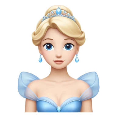 Cinematic Elegant Cinderella Portrait Emoji, rendered in a flat, vector-style with minimal shading and bold, simplified shapes. Depict Cinderella in her classic ball gown (chest and above) with fair, porcelain skin and elegantly styled blonde hair, her eyes soft and kind, and her expression serene and graceful. The design glows with a gentle, enchanting radiance and high shine, capturing the timeless beauty of a fairy tale princess. sticker
