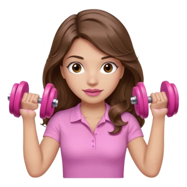 girl with wavy long brown hair, brown eyes, light to medium complexion, long lashes, light pink lipstick, wearing light pink shirt, lifting a pink dumbells sticker