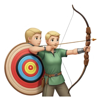 An archer pulling back a bowstring, aiming at a target in the distance. The target features concentric rings, and the scene conveys focus and precision. The background captures the essence of an outdoor archery range, highlighting skill and concentration in the sport. sticker