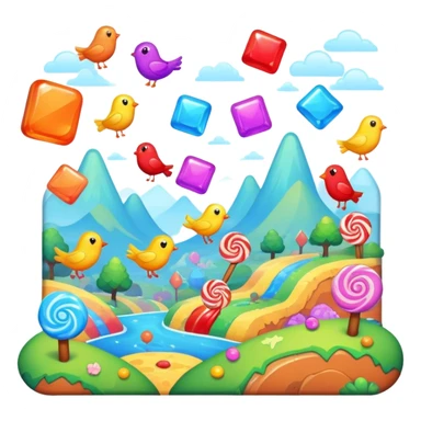 An icon representing a casual game, inspired by titles like Candy Crush. The design features colorful puzzle pieces, bouncing birds, and characters running through dynamic landscapes. Vibrant HUD elements like scores and power-ups highlight the playful. Transparent background sticker