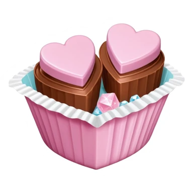 Two square milk chocolate pralines , sharp-edged glossy cubes placed diagonally side by side, each sitting in a small white fluted paper candy cup.
Flat thin pastel pink heart icing centered on top with fine sugar crystal sparkle, clean studio product lighting,  sticker