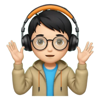 Chibi Japanese boy with black hair and round glasses, big headphones, vibing hard to electronic music, strong beat pulse lines around him, neon glow, exaggerated cartoon style, streaming emote. sticker