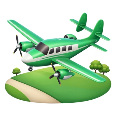 A 3D cartoon small twin-propeller airplane flying low over fields, gentle lighting, bright background, Memoji-style rendering. sticker
