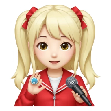 Cute kawaii emoji-style Japanese K-pop singer girl, long platinum blonde hair in twin tails, red outfit, holding a microphone, Japanese K-pop idol vibes, big sparkling eyes, chibi proportions, clean lineart, pastel colors, cheerful idol smile, sticker/emoji style, transparent background sticker