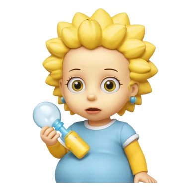 A 3D cartoon baby character fully yellow skin, styled like Maggie Simpson, with pacifier, big eyes, smooth shading, Memoji-style rendering, consistent with other yellow Simpsons characters. sticker