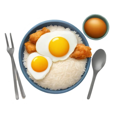 a bowl of rice with two eggs and chicken thigh sticker