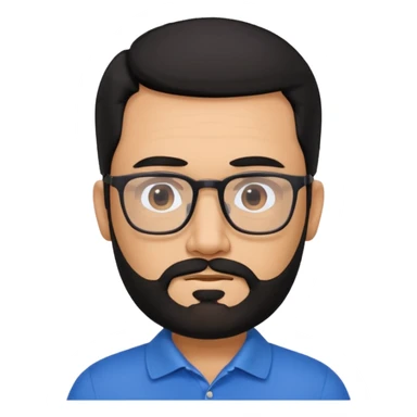 A tanned 50year old bearded man with black hair wearing glasses and a blue polo sticker