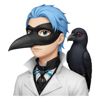 Handsome sexy adult anime man with light-blue hair and a black bird beak mask that covers whole face, black face mask, black mouth mask, black feathers draped over shoulder, wearing a white lab coat, long thin hair tendrils on the sides, with a mechanical raven sidekick, blue cravat, red eyes sticker