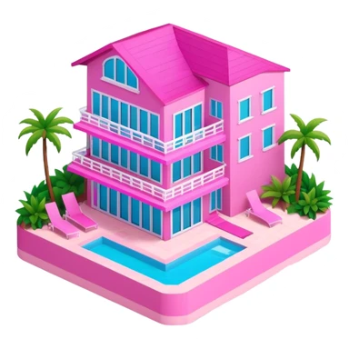 Pink Barbie beachfront mansion, isometric exterior view sticker