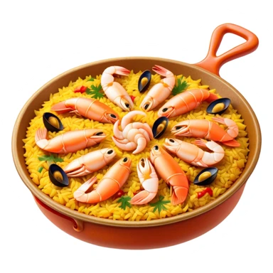 Cinematic Realistic Paella Dish Emoji, depicted as a vibrant, aromatic rice dish loaded with seafood, chicken, and saffron rendered with rich textures and dynamic, warm lighting. sticker