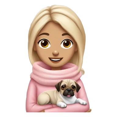 Recreate the first one Blonde girl with white scarf pink jumper cup of hot chocolate, marshmallows a flake and cream. With a jack russel mix pug brown dog sticker