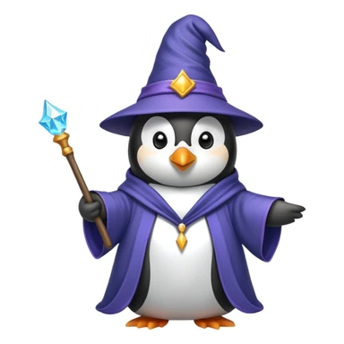 Penguin wearing wizard hat and robe holding a magic wand sticker