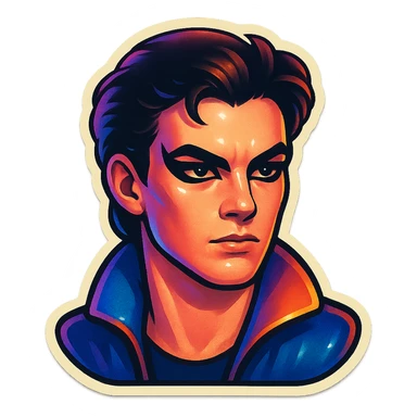 non-female character with sharper, black angular eye makeup, retro sticker style, subject inside image borders, high quality sticker