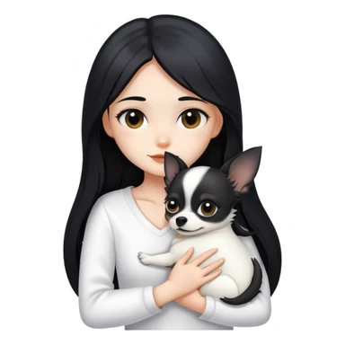 Fair-skinned girl - long black hair - white clothes - hugging a black chihuahua sticker