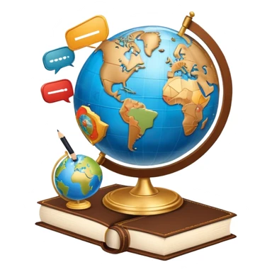 An icon featuring a globe with speech bubbles in different languages, symbolizing the study of foreign languages. The design includes a book and a pencil, representing learning and communication across cultures. Transparent background highlights the global nature of language education. sticker